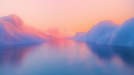 Obraz premium Vibrant pastel colors illuminate tranquil mountain landscape at dawn, reflecting serene beauty of calm water in peaceful setting.