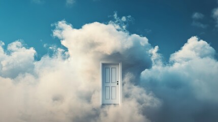Imaginary scene of a white door floating among fluffy clouds under a clear blue sky, symbolizing dreams and opportunities.
