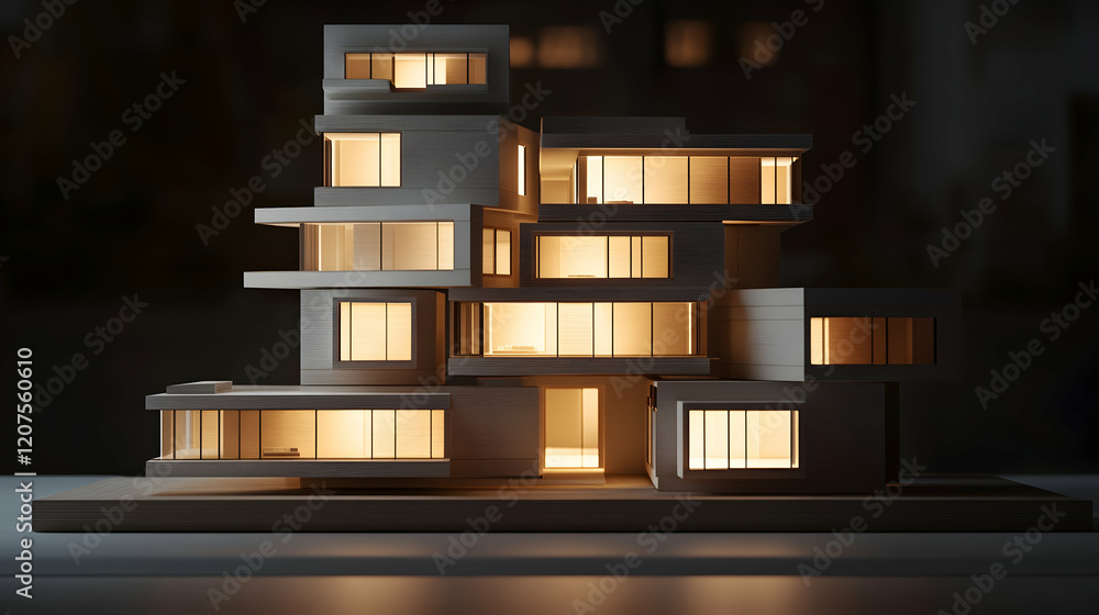 Poster abstract composition of stacked modern architectural models illuminated by soft studio lighting, sho