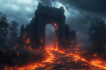Fototapeta premium A terrifying journey into a nightmarish dimension filled with aberrated landscapes, monstrous creatures, and spirits lost in a sea of fire and shadow