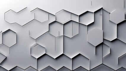 Minimalist digital vector design with interconnected hexagonal shapes on a gradient gray-to-white background. A sleek geometric pattern, perfect for technology or science themes.