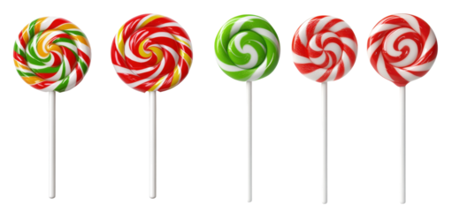 Colorful swirled lollipops in red, green, and white, isolated on transparent background