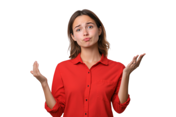 Young woman shrugging in a red shirt, confused expression, isolated on transparent background
