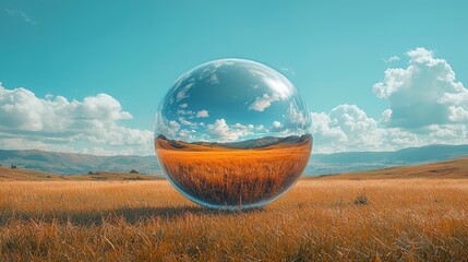 A mirror suspended in the air mirrors a serene and surreal landscape, enveloped in a tranquil, dreamlike atmosphere