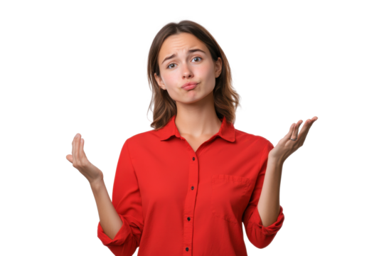 Young woman shrugging in a red shirt, confused expression, isolated on transparent background