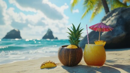 Obraz premium A vibrant display of seasonal fruits including mangos, durians, and mangosteens arranged in a wicker basket on a wooden table.