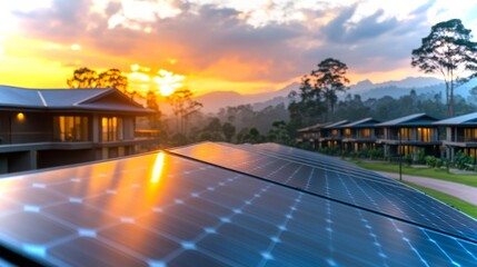 Obraz premium Renewable energy startup showcasing solar panels at sunset in a developing region