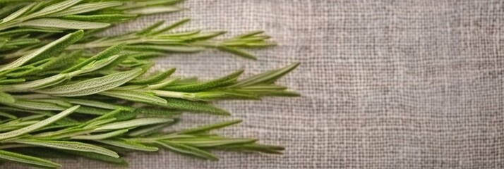 Naklejka premium Fresh rosemary herb on rustic fabric background for culinary and aromatic uses