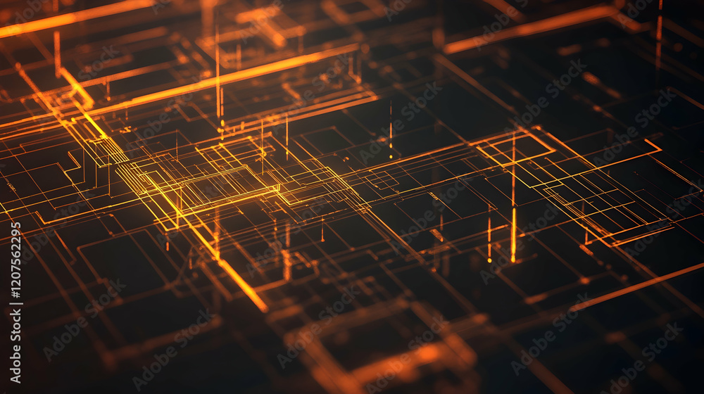 Poster an abstract composition of architectural blueprints with glowing lines and geometric details on a cl
