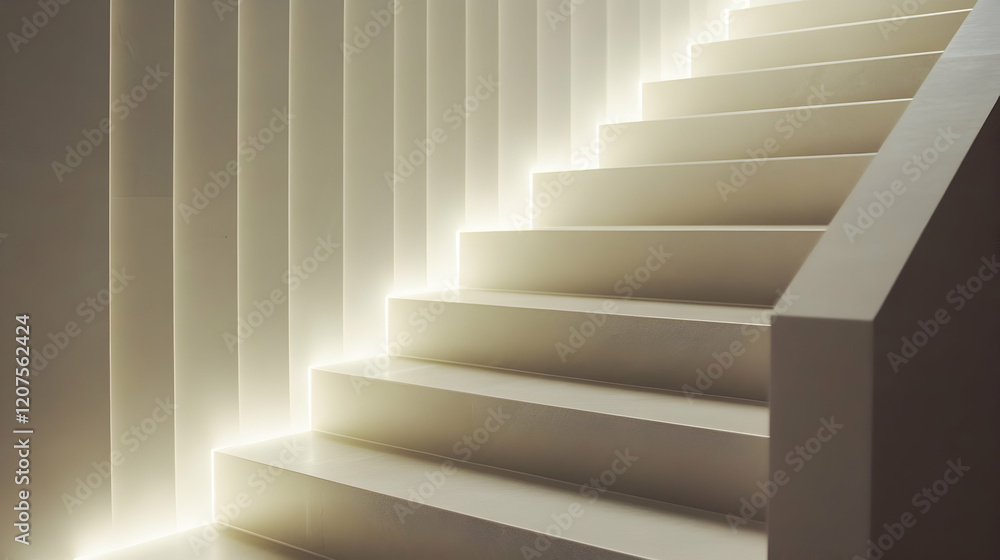 Poster close-up of a clean modern staircase with geometric patterns and soft lighting, showcasing minimalis