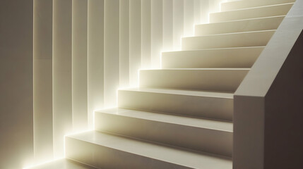 Fototapeta premium Close-up of a clean modern staircase with geometric patterns and soft lighting, showcasing minimalist architecture
