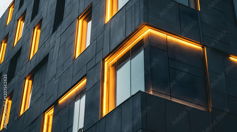 Poster close-up of a modern building fa? section ade with intricate textures and glowing accents, highlight