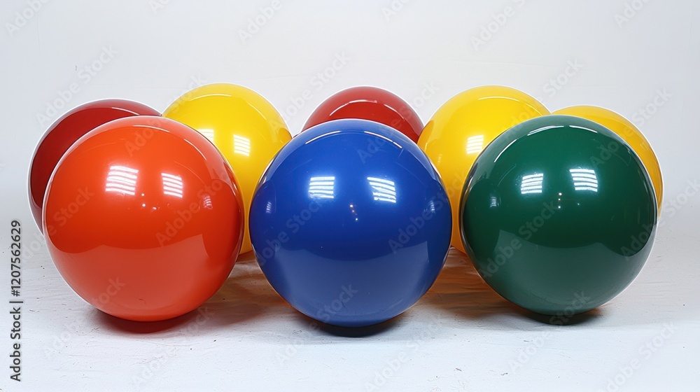 Poster collection of vibrant glossy spheres arranged in a visually appealing pattern on a pristine white ba
