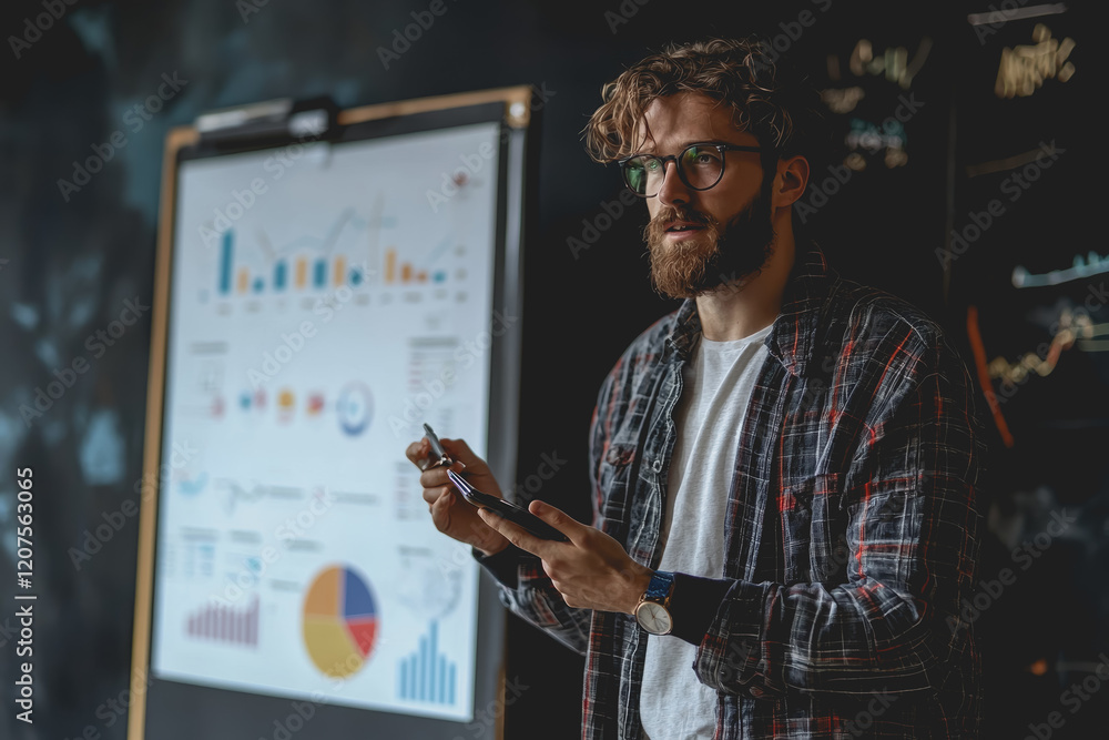 Poster man standing in front of a whiteboard holding a cellphone while discussing ideas and taking notes in