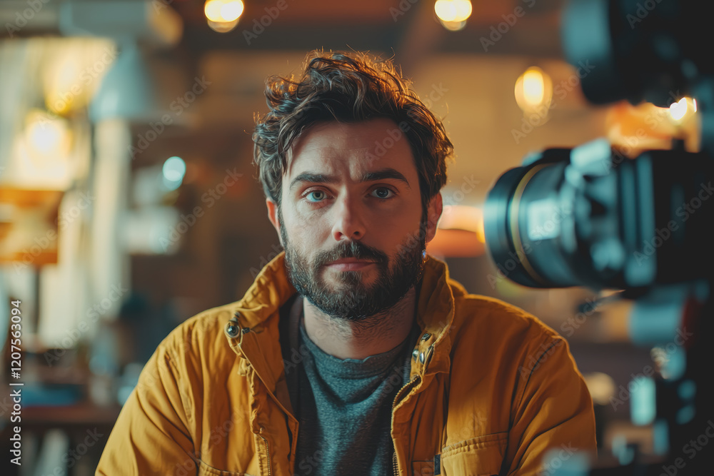 Poster man with a beard holding a camera in an outdoor setting capturing photographs during daylight hours