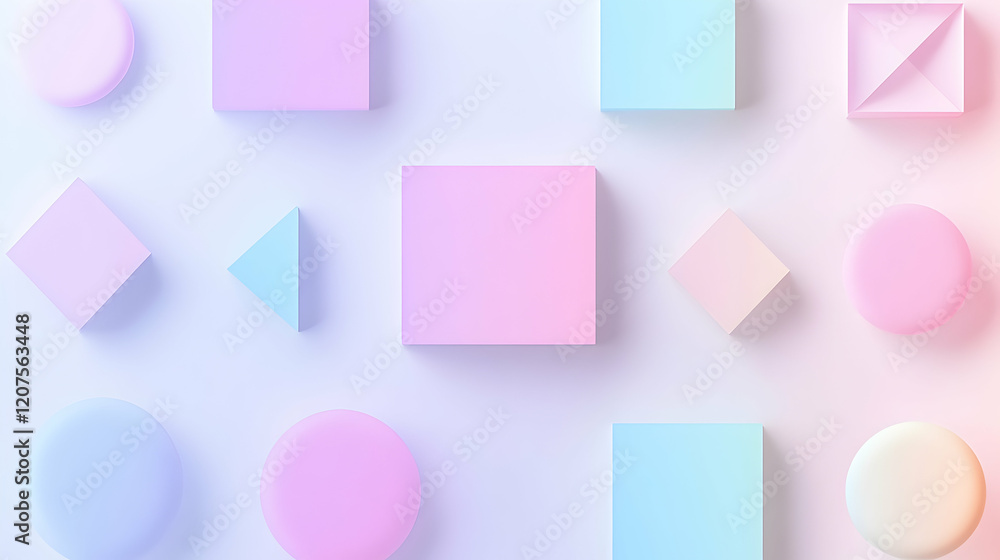 Poster minimalist geometric shapes in gradient pastel colors arranged symmetrically on a clean background