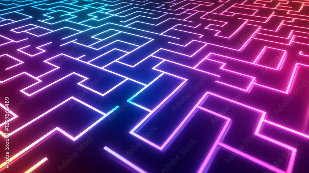 Poster vibrant neon-colored glowing lines forming an intricate maze-like pattern on a dark gradient backgro