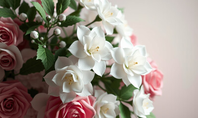 Fototapeta premium beautiful arrangement of white and pink flowers, showcasing delicate petals and lush green leaves, perfect for adding elegance to any space