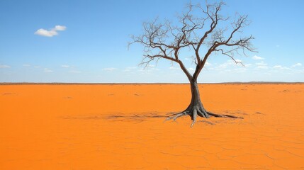 Solitary Tree in Orange Desert Under Blue Sky