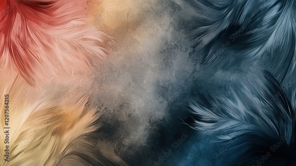 Poster colorful abstract background with swirling textures and feather like patterns, blending warm and coo