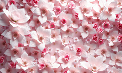 Fototapeta premium beautiful arrangement of pink flowers, including roses and lotus blossoms, creating soft and romantic background. Perfect for various design projects