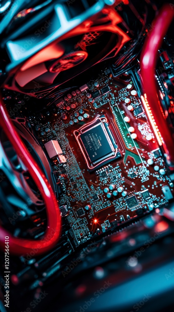 Poster close up computer microchip circuit board neon lights technology hardware detail