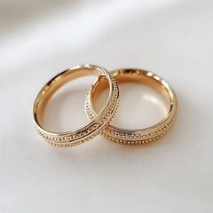 Pair of elegant gold wedding rings displayed.