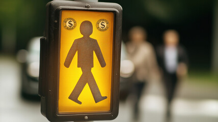 Traffic light with glowing dollar signs themed, Traffic light with pedestrian symbol and dollar signs, signaling safety