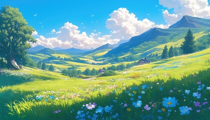 Obraz premium Serene Mountain Valley Houses Amidst Blooming Meadows, anime landscape