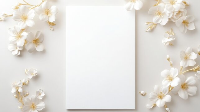 wedding invitation card, classic white and gold theme, floral details, elegant script font - Powered by Adobe