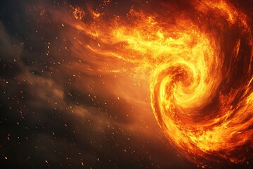 Fototapeta premium A swirling fire tornado dominates the dark smoky sky, surrounded by glowing embers and vivid flames. The intense colors create a dramatic atmosphere with ample space for text overlay