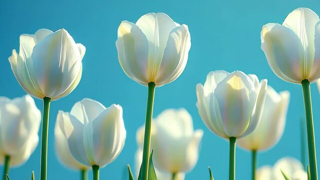 Delicate white tulips bloom against clear soft blue sky. Elegant beautiful petals. Spring floral calm background. 8 march greeting card. Pretty postcard. Tender virgin flowers grow up, stand tall.