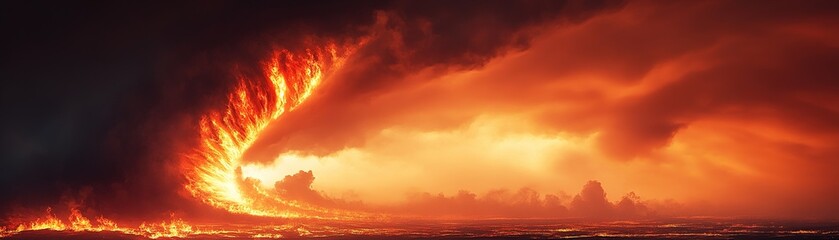 Fototapeta premium A powerful display of an abstract fire tornado merges into a dark smoky sky. Swirling flames and glowing embers create a dramatic effect, ideal for bold text overlay