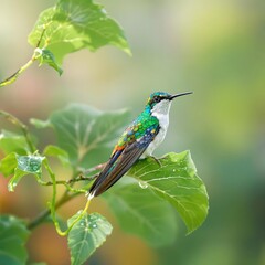 Fototapeta premium Beautiful white bootied racket tail hummingbird on a lush green leaf, tropical bird, small, wildlife conservation