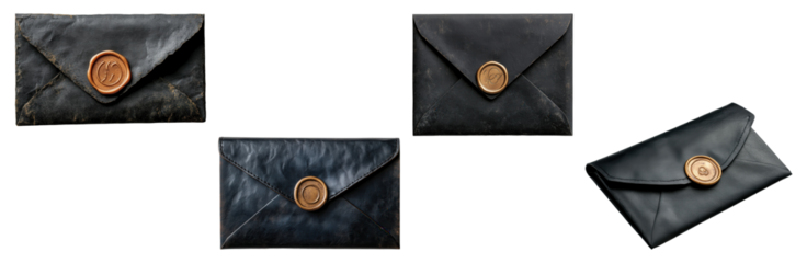 Set of black envelopes with golden wax seals, isolated on transparent background