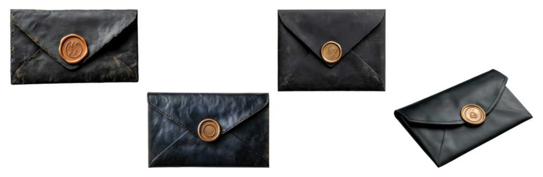 Set of black envelopes with golden wax seals, isolated on transparent background