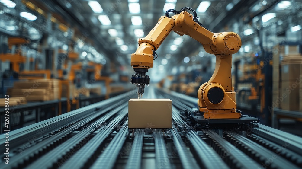 Poster robotic arm with adaptive grippers handling packages in a modern automated warehouse