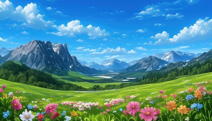 Serene Mountain Valley Wildflower Meadow Landscape