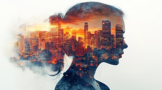 Double Exposure of a Woman&rsquo;s Silhouette with a Reflective City Skyline 3