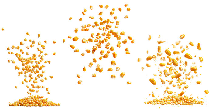 Set of flying corn kernels and corn cob, isolated on transparent background