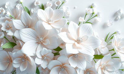Beautiful white flowers arranged elegantly, showcasing delicate petals and soft hues, creating serene and calming atmosphere. Perfect for backgrounds or floral designs