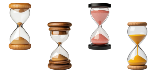 Set of decorative hourglasses with colored sand and wooden frames, isolated on transparent background