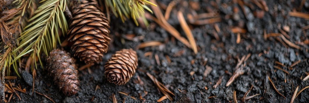 Poster close-up of pine cones and needles on forest floor with textured background