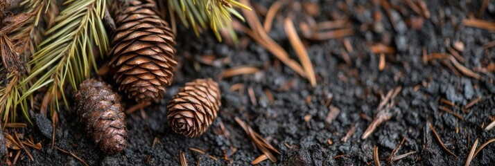 Close-up of pine cones and needles on forest floor with textured background