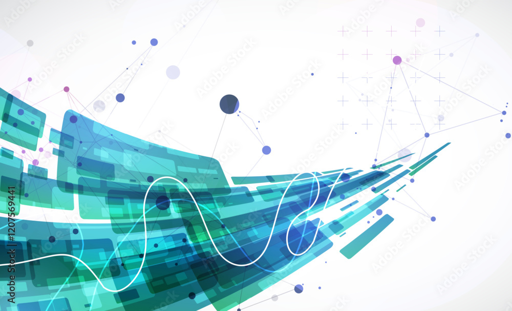 Poster Abstract wave of rectangles with plexus elements. Hand drawn vector.