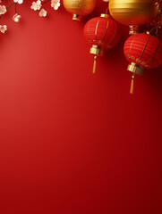 Obraz premium Elegant Lunar New Year setting featuring traditional red lanterns, cherry blossoms, and gold ornaments against a vibrant red background. 