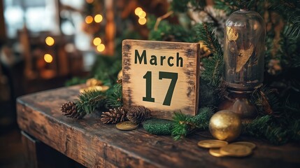 A rustic calendar block displaying 'March 17', surrounded by pinecones, greenery, and decorative elements on a wooden table