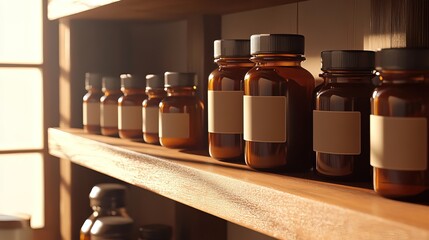 Medicine bottles neatly arranged on a wooden shelf, symbolizing the importance of organization and care in healthcare management.
