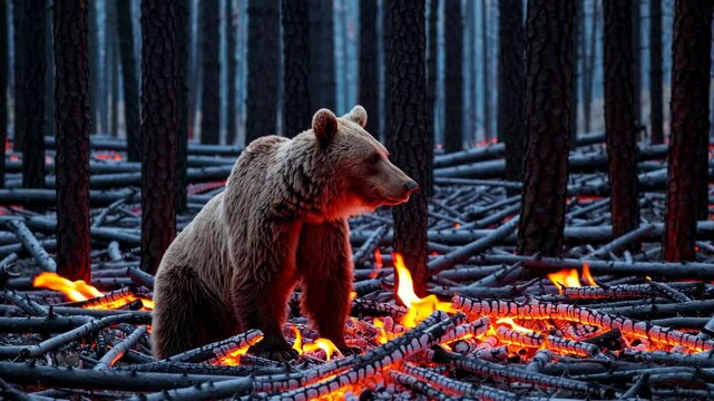 Bear standing among smoldering logs in a burnt forest, dramatic wildlife scene