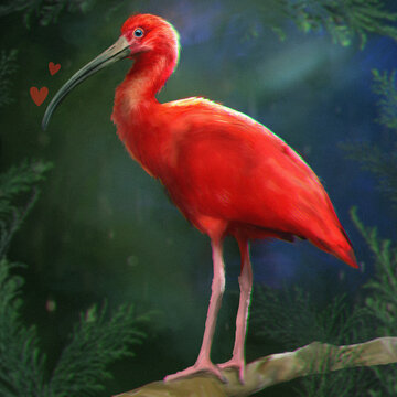 red ibis bird with red hearts &ndash; romantic digital illustration of a tropical bird, perfect for valentine's day, nature-inspired wildlife-themed decor